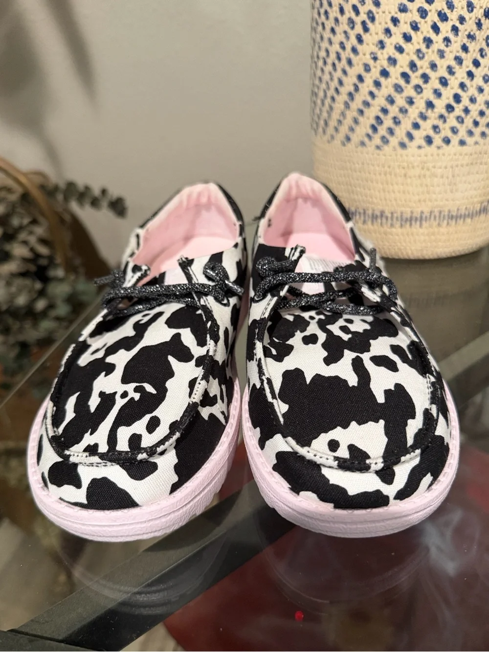 Hey Dude Youth Wendy Cow Print Lace-Up Casual Shoes in Black and White (NWOT)